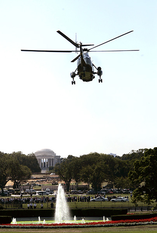 Marine One flies from the South Lawn en route to Andrews Air Force Base Monday, Sept. 20, 2004. White House photo by Paul Morse.