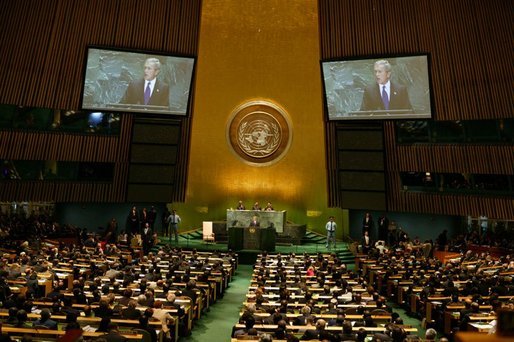 President George W. Bush addresses the United Nations Headquarters in New York City Tuesday, Sept. 21, 2004. "Defending our ideals is vital, but it is not enough. Our broader mission as U.N. members is to apply these ideals to the great issues of our time," said the President. "Our wider goal is to promote hope and progress as the alternatives to hatred and violence. Our great purpose is to build a better world beyond the war on terror." White House photo by Paul Morse.