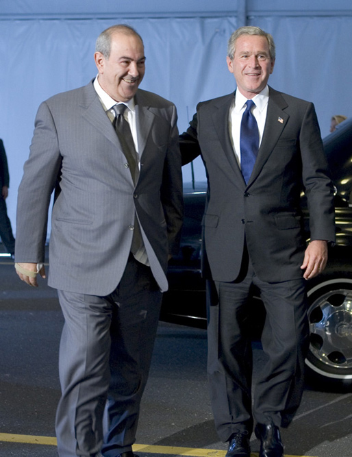 President George W. Bush and Iraqi interim Prime Minister Ayad Allawi arrive at the United Nations Headquarters in New York City Tuesday, Sept. 21, 2004. White House photo by Paul Morse.