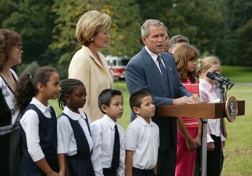 President George W. Bush thanks U.S. school children and the International Federation of Red Cross and Red Crescent Societies for their efforts to aid the victims of the school siege in Beslan, Russia, during a statement to the press on the South Lawn Friday, Sept. 24, 2004. White House photo by Paul Morse.