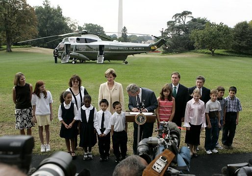 President George W. Bush thanks U.S. school children and the International Federation of Red Cross and Red Crescent Societies for their efforts to aid the victims of the school siege in Beslan, Russia, during a statement to the press on the South Lawn Friday, Sept. 24, 2004. White House photo by Paul Morse.