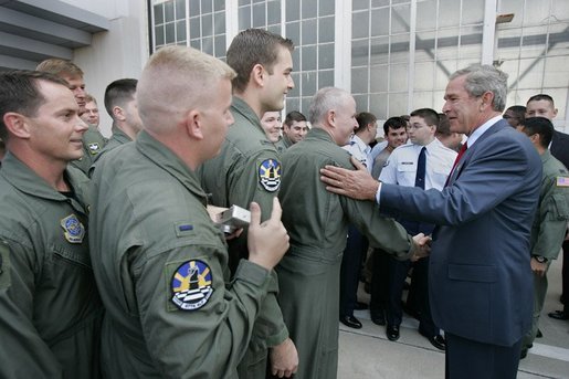 President George W. Bush greets Air Force reservists from Grissom Air Force Base, 434th Air Refueling Wing, at Wright-Patterson Air Force Base Monday, Sept. 27, 2004. White House photo by Eric Draper.