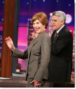 Mrs. Laura Bush appears at a taping of the Tonight Show with Jay Leno in Burbank, California on October 6, 2004.  White House photo by Paul Morse