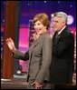 Mrs. Laura Bush appears at a taping of the Tonight Show with Jay Leno in Burbank, California on October 6, 2004. White House photo by Paul Morse