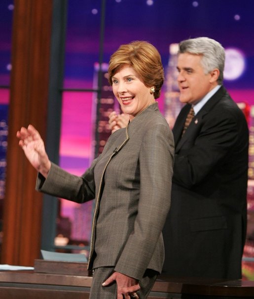 Mrs. Laura Bush appears at a taping of the Tonight Show with Jay Leno in Burbank, California on October 6, 2004. White House photo by Paul Morse