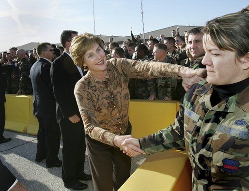 Laura Bush greets soldiers and base personnel before departing Offutt Air Force Base in Omaha, Nebraska, Monday, Oct. 25, 2004. White House photo by Eric Draper.