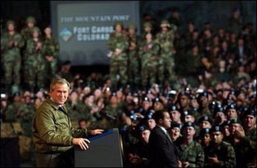 President George W. Bush delivers remarks to U.S. soldiers and families at Fort Carson, Colorado. File Photo. White House photo by Tina Hager.