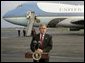 President George W. Bush delivers a statement to the media in front of Air Force One at Toledo, Ohio Express Airport, Friday, Oct. 29, 2004. White House photo by Eric Draper