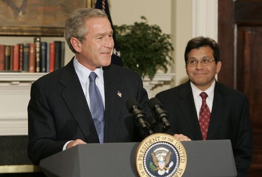 President George W. Bush announces his nomination of White House Counsel Alberto Gonzales to succeed John Ashcroft as the next U.S. Attorney General during a press conference in the Roosevelt Room Wednesday, Nov. 10, 2004. White House photo by Paul Morse