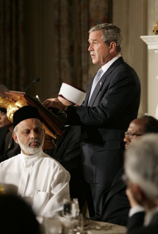 Hosting a dinner in celebration of the holy month of Ramadan, President George W. Bush welcomes American Muslim Leaders and Ambassadors from Islamic nations in the State Dining Room Wednesday, Nov. 10, 2004. White House photo by Paul Morse