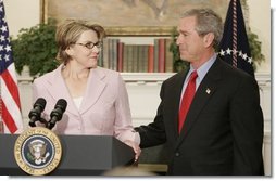Margaret Spellings, Assistant to the President for Domestic Policy, makes remarks after being nominated to the position of Secretary of Education by President George W. Bush during a ceremony in the Roosevelt Room at the White House on November 16, 2004.  White House photo by Paul Morse