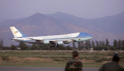 Air Force One comes in for a landing as President George W. Bush and Laura Bush arrive for an APEC summit in Santiago, Chile, Nov. 19, 2004. White House photo by Paul Morse.