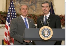 President George W. Bush announces his nomination for Secretary of Commerce, Carlos Gutierrez, in the Roosevelt Room Monday, Nov. 29, 2004.   White House photo by Paul Morse