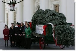 Laura Bush receives the official White House Christmas tree delivered on a horse drawn wagon Monday, Nov. 29. 2004. The 18.5 foot Noble fir donated by John and Carol Tillman of Rochester, Wash., will be decorated and displayed in the Blue Room.  White House photo by Susan Sterner