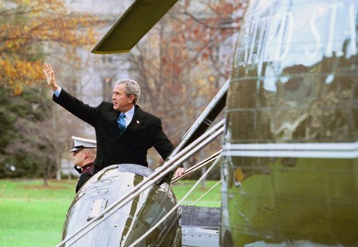 President George W. Bush departs on Marine One en route to Canada from the South Lawn of the White House, Tuesday, November 30, 2004. White House photo by Tina Hager.