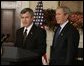 President George W. Bush listens to Nebraska Governor Mike Johanns after nominating him for Secretary of Agriculture in the Roosevelt Room of the White House, Dec. 2, 2004.  White House photo by Paul Morse