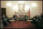 Vice President Dick Cheney participates in a bilateral meeting with Afghanistan President Hamid Karzai at the Presidential Palace in Kabul, Afghanistan, Tuesday, Dec. 7. 2004. President Karzai is Afghanistan's first democratically-elected president. White House photo by David Bohrer