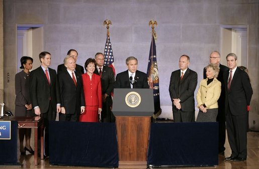 President George W. Bush speaks during the signing ceremony of S. 2845, The Intelligence Reform and Terrorism Prevention Act of 2004, in Washington, D.C., Dec. 17, 2004. "Under this new law, our vast intelligence enterprise will become more unified, coordinated and effective. It will enable us to better do our duty, which is to protect the American people," said the President. White House photo by Paul Morse