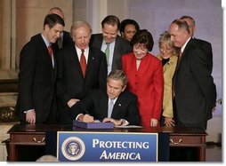 President George W. Bush puts his signature on S. 2845, The Intelligence Reform and Terrorism Prevention Act of 2004, in Washington, D.C., Dec. 17, 2004.  White House photo by Paul Morse