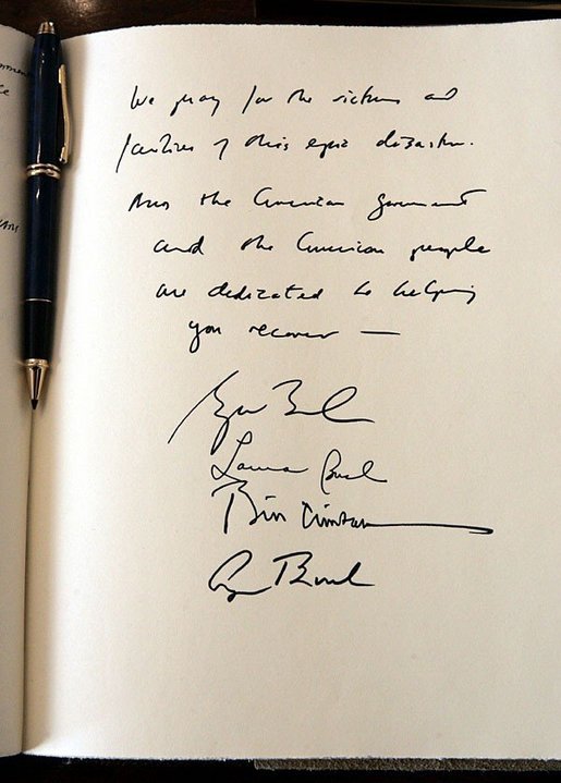 Signed by former Presidents Bush and Clinton and Laura Bush, President Bush expressed their condolences during a visit to the embassy of Sri Lanka in Washington, D.C., Monday, Jan. 3, 2005. The President wrote, “We pray for the victims and families of this epic disaster. And the American government and American people are dedicated to helping you recover.” White House photo by Eric Draper.