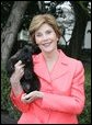 Laura Bush holds Miss Beazley shortly after the arrival of the 10-week-old Scottish terrier to the White House Thursday, Jan. 6, 2005. White House photo by Susan Sterner.