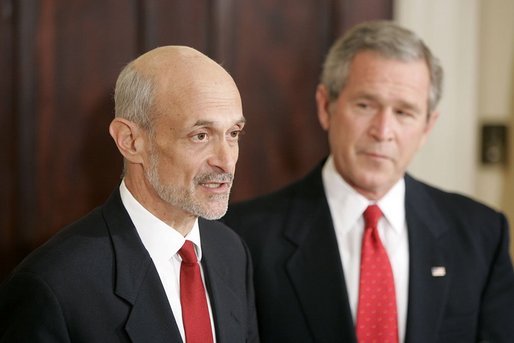 President George W. Bush presents Judge Michael Chertoff as his nominee to be the Secretary of Homeland Security in the Roosevelt Room Tuesday, Jan. 11, 2005. White House photo by Paul Morse.