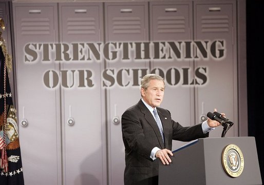 President George W. Bush gives remarks on high school initiatives at J.E.B. Stuart High School in Falls Church, VA on January 12, 2005. White House photo by Paul Morse
