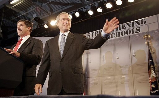 President George W. Bush is introduced by Mel Riddle, principal of J.E.B. Stuart High School in Falls Church, VA before giving remarks on high school initiatives on January 12, 2005. White House photo by Paul Morse