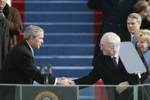 President George W. Bush shakes hands with Vice President Dick Cheney during the 55th Presidential Inauguration swearing-in ceremony at the U.S. Capitol, Washington, D.C., Thursday, Jan. 20, 2005. White House photo by Paul Morse