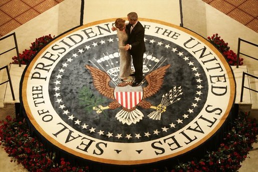 President George W. Bush and Laura Bush dance on the Presidential Seal at the Commander-in-Chief Inaugural Ball at the National Building Museum in Washington, D.C., Thursday, Jan. 20, 2005. White House photo by Paul Morse