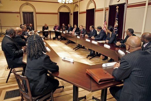 President George W. Bush meets with African-American religious, business, and community leaders in the Dwight D. Eisenhower Executive Office Building Tuesday, Jan. 25, 2005. White House photo by Paul Morse.