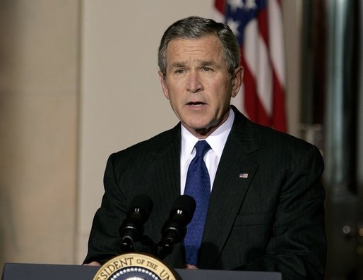 President George W. Bush delivers a live televised statement on Iraq's elections from the Cross Hall of the White House, Sunday, Jan. 30, 2005. White House photo by Eric Draper.