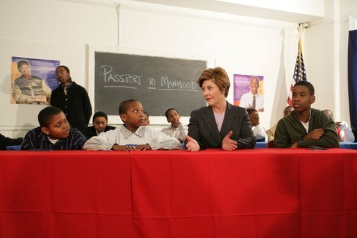 Laura Bush addresses young boys participating in the Passport to Manhood program taught by male staff members at the Germantown Boys and Girls Club Tuesday, Feb. 3, 2005 in Philadelphia. Passport to Manhood promotes and teaches responsibility through a series of classes for male club members ages 11-14. White House photo by Susan Sterner