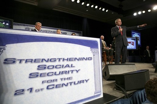 President George W. Bush leads the discussion during a Town Hall on Strengthening Social Security at the Tampa Convention Center in Tampa, Florida, Friday, Feb. 4, 2005. White House photo by Eric Draper