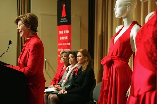 Laura Bush speaks about heart disease concerns and awareness at The Heart Truth event- The Red Dress 2005 Preview at the Time Life Building in New York Friday, Feb. 4, 2005. Also on stage with Mrs. Bush are Dr. Elizabeth Nabel, Director National Heart, Lung, and and Blood Institute, Dr. Anne Taylor and Duchess Sarah Ferguson. White House photo by Susan Sterner
