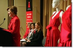 Laura Bush speaks about heart disease concerns and awareness at The Heart Truth event- The Red Dress 2005 Preview at the Time Life Building in New York Friday, Feb. 4, 2005. Also on stage with Mrs. Bush are Dr. Elizabeth Nabel, Director National Heart, Lung, and and Blood Institute, Dr. Anne Taylor and Duchess Sarah Ferguson. White House photo by Susan Sterner