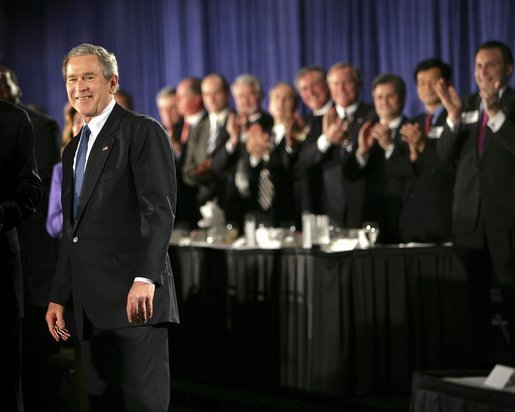 President George W. Bush receives applause during his introduction at the Detroit Economic Club in Detroit, Michigan, Tuesday, Feb. 8, 2005. White House photo by Eric Draper.