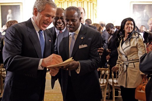After speaking, President Bush greets guests during a ceremony honoring February as African American History Month Tuesday, Feb. 8, 2005. White House photo by Paul Morse