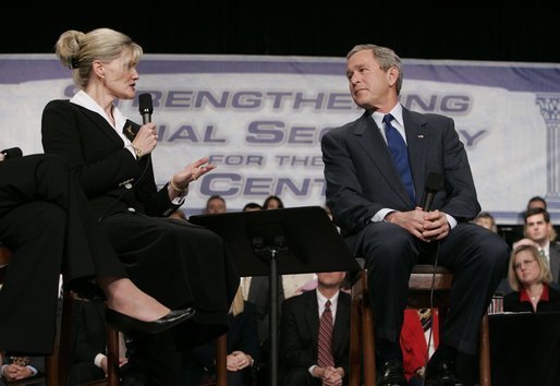 President George W. Bush participates in a discussion on strengthening Social Security at Montgomery County Community College in Blue Bell, Pa., Feb. 10, 2005. White House photo by Eric Draper