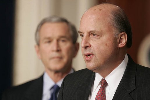 President George W. Bush listens to Ambassador John Negroponte, the Director of National Intelligence nominee, during a press conference held in the Dwight D. Eisenhower Executive Office Building in Washington, D.C., Thursday, Feb. 17, 2005. White House photo by Paul Morse