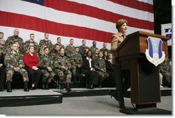 Laura Bush addresses U.S. soldiers and their spouses at Ramstein Airbase in Ramstein, Germany, Feb. 22, 2005.  White House photo by Susan Sterner
