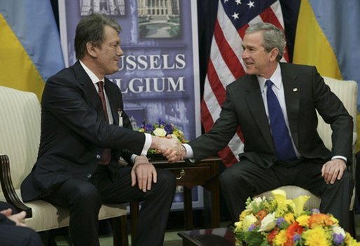 President George W. Bush hosts a bilateral meeting with Ukraine President Viktor Yushchenko in Brussels, Belgium, Tuesday, Feb. 22, 2005. White House photo by Eric Draper.