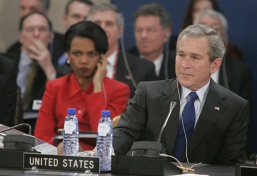 Secretary of State Condoleezza Rice and President George W. Bush attend the NATO summit in Brussels, Belgium, Tuesday Feb. 22, 2005. White House photo by Eric Draper.