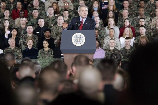 President George W. Bush delivers remarks to U.S. Troops at Wiesbaden Army Air Field in Wiesbaden, Germany, Wednesday, Feb. 23, 2005. White House photo by Paul Morse