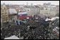 President George W. Bush and Slovakia’s Prime Minister Mikulas Dzurinda are greeted by a crowd of thousands gathered in Bratislava's Hviezdoslavovo Square, February 24, 2005. White House photo by Eric Draper