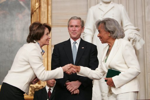 Congressional Minority Leader Nancy Pelosi congratulates Rachel Robinson, widow of Jackie Robinson, during a Congressional Gold Medal ceremony honoring Jackie Robinson at the U.S. Capitol, Wednesday, March 2, 2005. Jackie Robinson became the first black player in Major League Baseball when he signed with the Brooklyn Dodgers in 1947. White House photo by Eric Draper