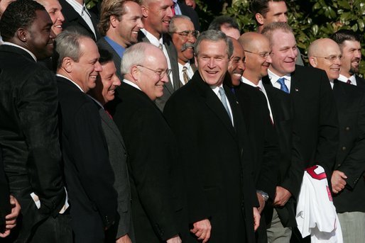 President George W. Bush poses with the Boston Red Sox, the 2004 World Series champions, during a South Lawn ceremony celebrating the team’s historic achievement Wednesday, March 02, 2005. “You answered 86 years of prayer,” said the President. “That's an amazing feat, isn't it? I mean, when the Red Sox won, people all over the world cheered.” White House photo by Eric Draper