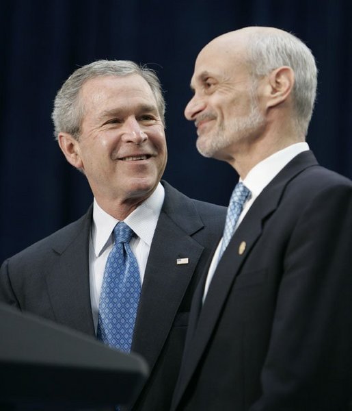 President George W. Bush stands with Michael Chertoff, the new Secretary of Homeland Security, during Chertoff’s swearing-in ceremony Thursday, Mar. 3, 2005, at the Ronald Reagan Building and International Trade Center in Washington, D.C. White House photo by Paul Morse