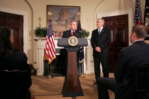 President George W. Bush announces Stephen Johnson as his nominee for EPA Administrator in the Roosevelt Room at the White House Friday, March 4, 2005. "I'm proud to ask him to become the first career EPA employee to hold the office of Administrator, and I'm glad he's agreed to do so," said the President. White House photo by David Bohrer