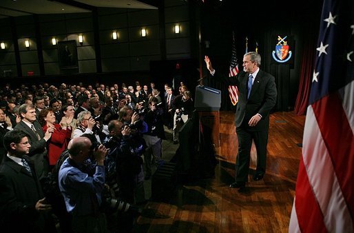 After delivering remarks about the War on Terror, President George W. Bush departs the National Defense University at Fort Lesley J. McNair in Washington, D.C., Tuesday, March 8, 2005. White House photo by Eric Draper